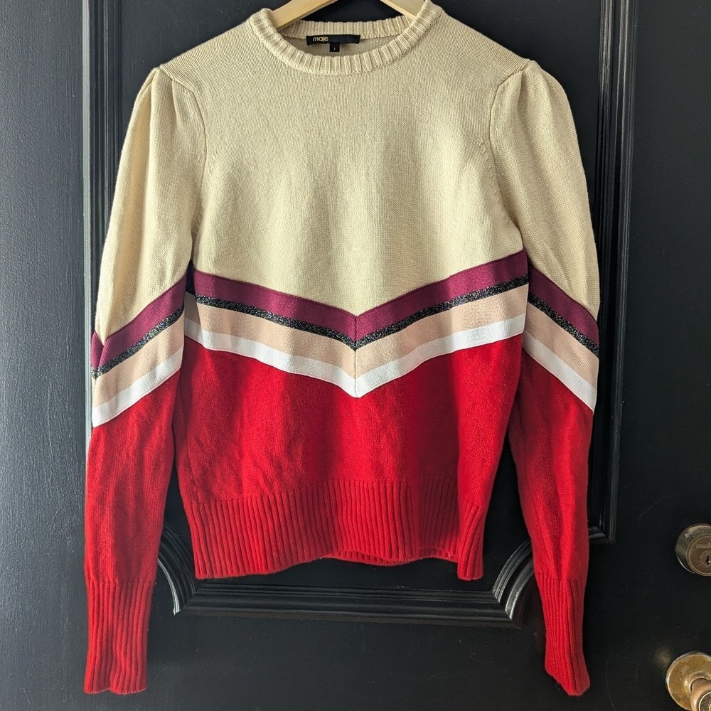 Maje Paris Wool Chevron‎ Colorblock Sweater Cream Red Burgundy Metallic Size 1 S